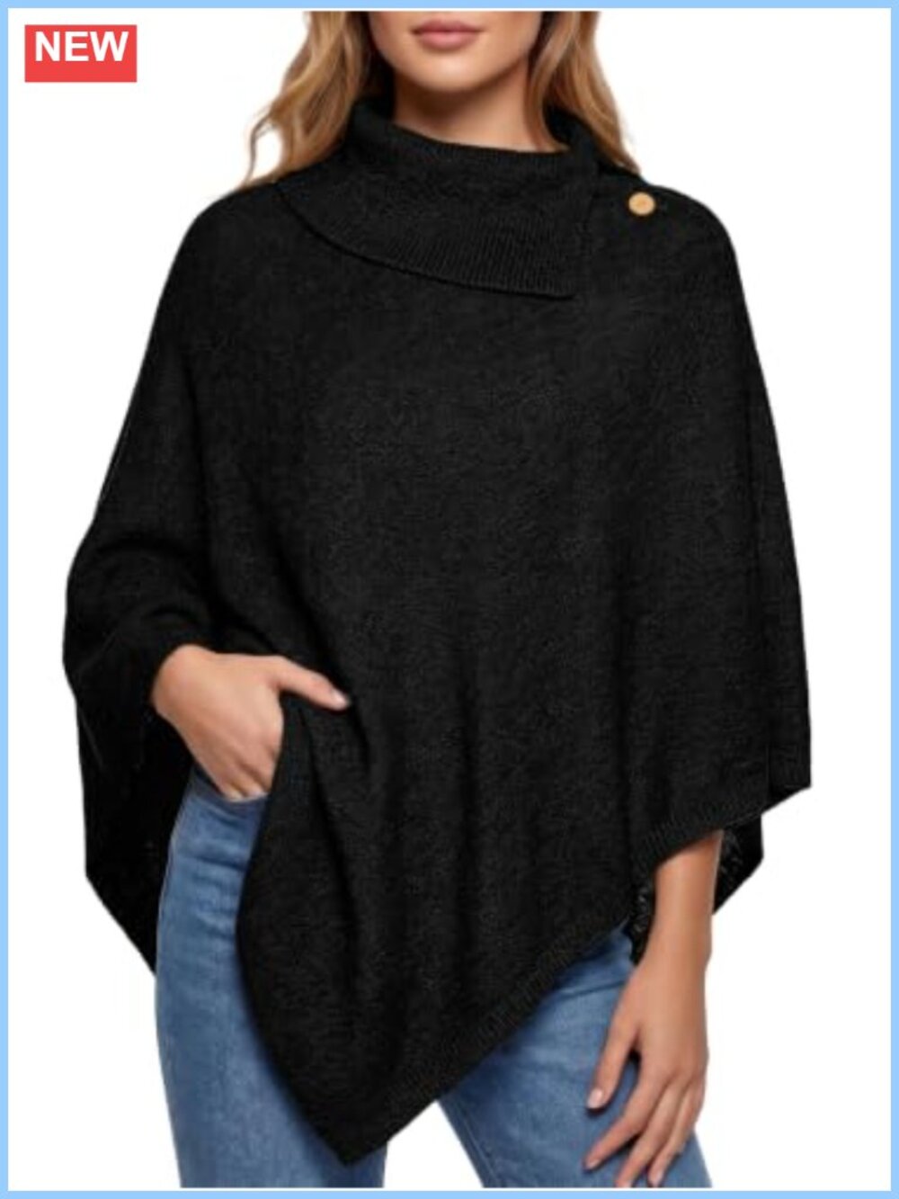 Turtleneck Poncho Sweater Knit Shawl Cape Batwing Sleeve
